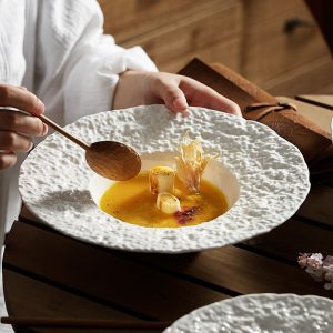 Irregular Rock‑Texture White Porcelain Plate | Luxury Fine Dining Soup Bowl