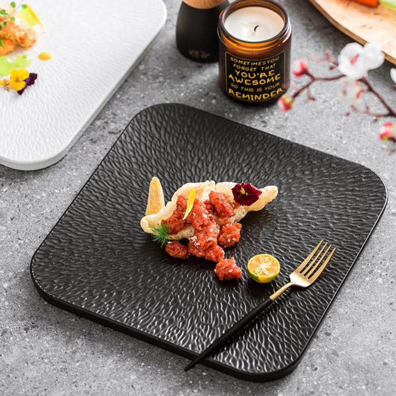 Black Rock Square Ceramic Plate | Embossed Stone Surface Dinner Plate for Gourmet Fine Dining
